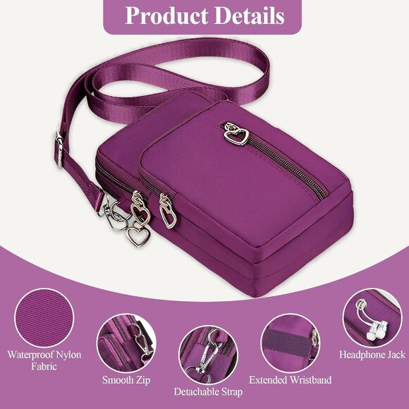 Women's Purple 2 Small Crossbody Waterproof Nylon Purse Mini Shoulder Travel Bag - Picture 5 of 7